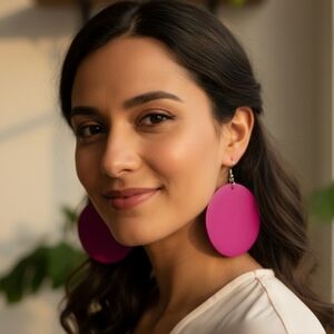 Round wooden earrings, pink color wooden earrings for women.